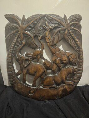 Carved Wooden African Lion Ostrich Giraffe Elephant Wall Art